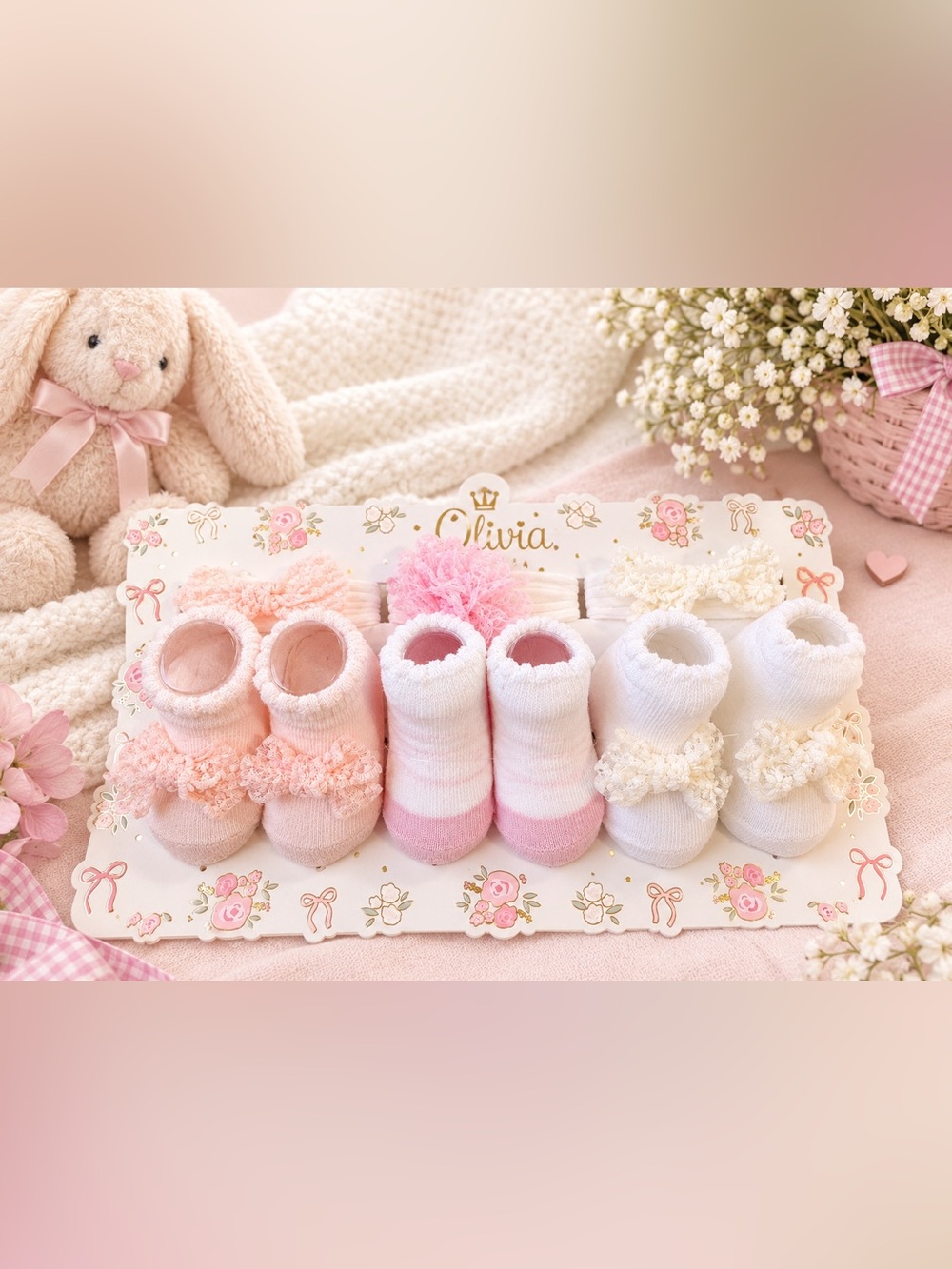 First Steps Baby Headwrap & Sock Set - Pink, Cream, White